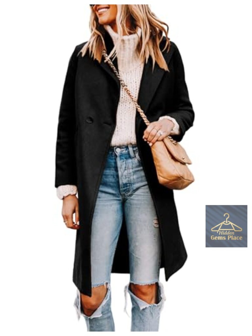Women's Wool Pea Coat Long Trench Jacket, Notched Lapel, Two Pockets, Winter